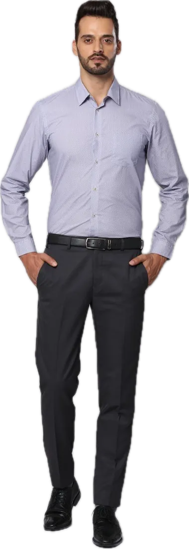 A lavender formal shirt with graphite wool-blend trousers