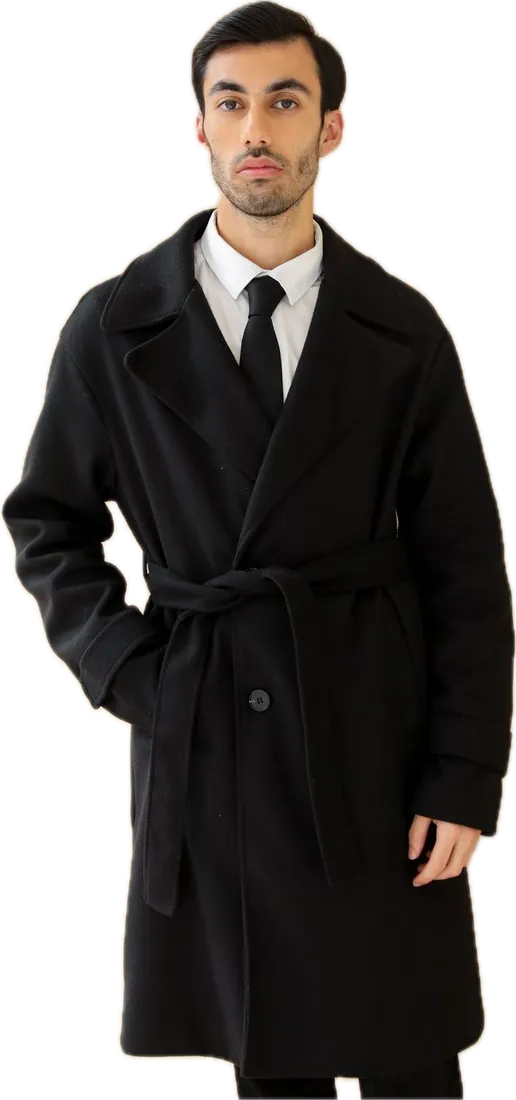 A belted black overcoat over a white spread-collar shirt and tie